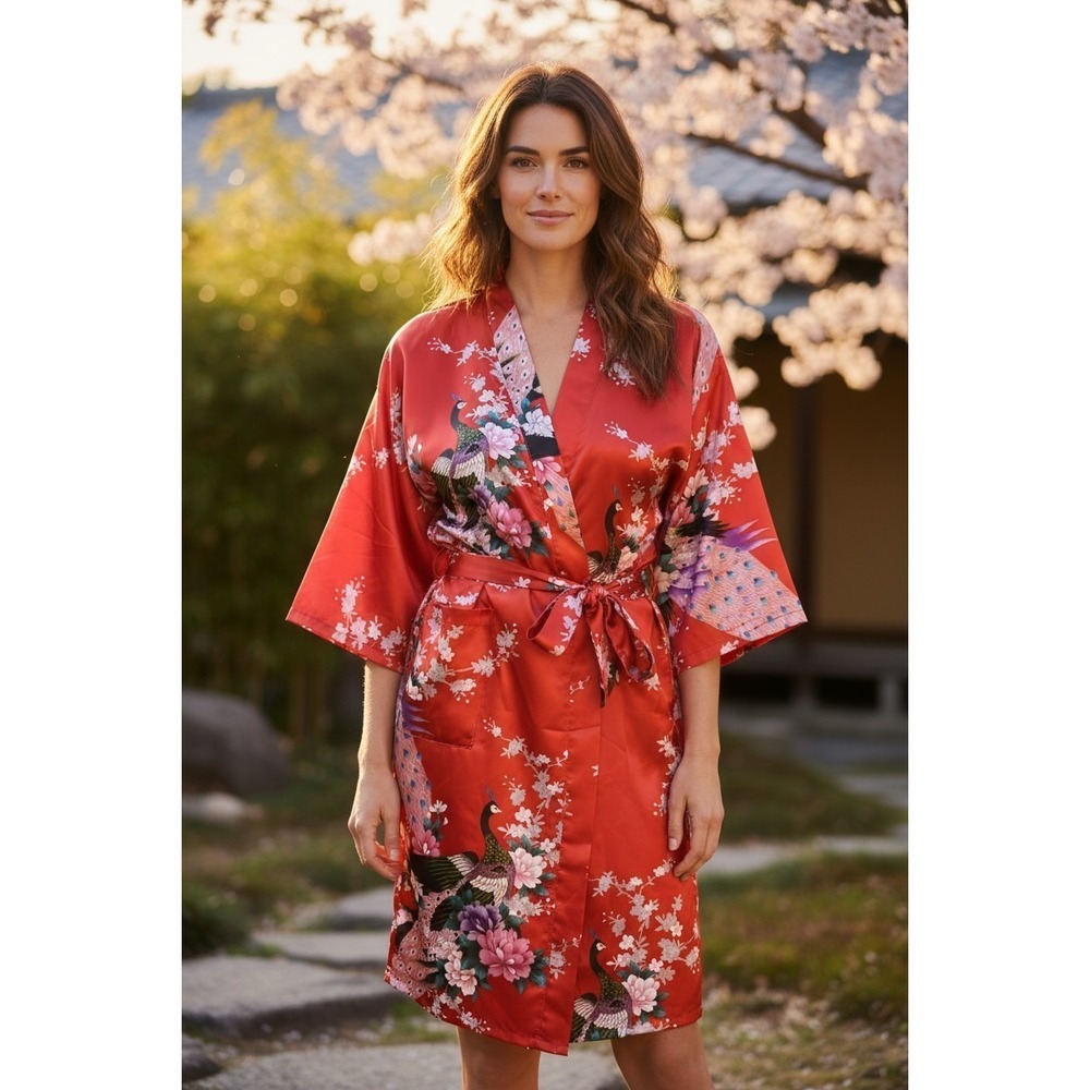 Red Satin Peacock Floral Kimono Robe Women's OS Tie Waist Pockets Loungewear